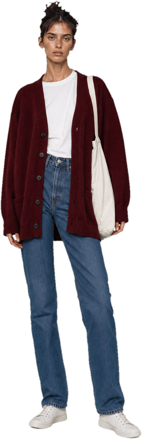 An oversized burgundy cardigan over a white tee, straight blue jeans and white sneakers, with a canvas tote bag on the shoulder