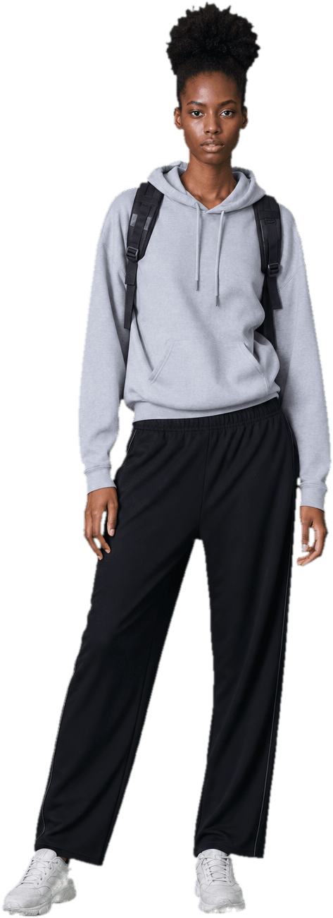 A grey university hoodie with a nylon backpack on both shoulders, black track trousers and worn white sneakers