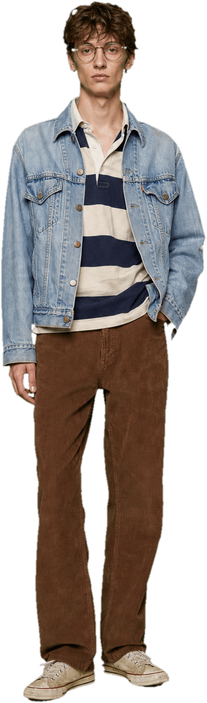A worn denim jacket over a striped rugby shirt, brown corduroy trousers and scuffed canvas sneakers
