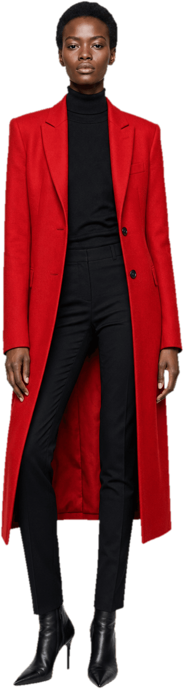 A sharply tailored scarlet wool coat worn open over a black turtleneck and slim black trousers, with black pointed ankle boots