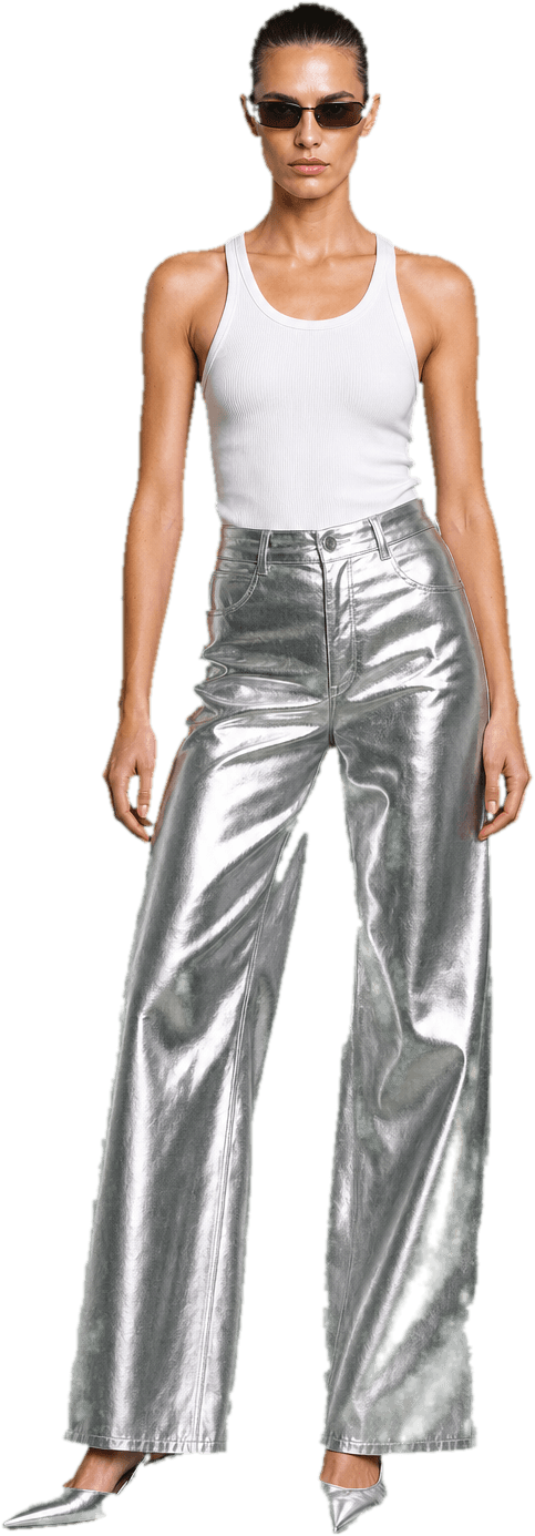 Liquid silver metallic wide-leg trousers that catch the light, with a fitted white ribbed tank tucked in, silver pointed slingback heels and slim dark sunglasses. Hair slicked back