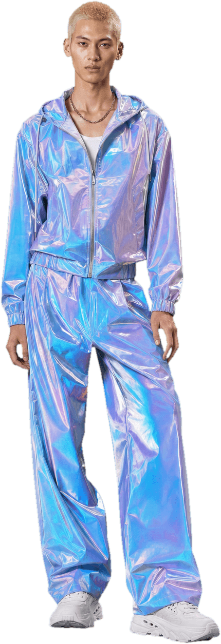 A holographic iridescent technical shell jacket and matching wide trousers that shift blue-to-lilac, with chunky white futuristic sneakers