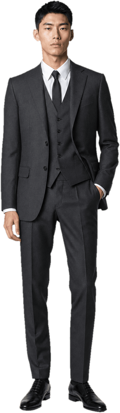 A sharply tailored charcoal wool three-piece suit with a crisp white shirt, a slim dark tie and black leather oxfords