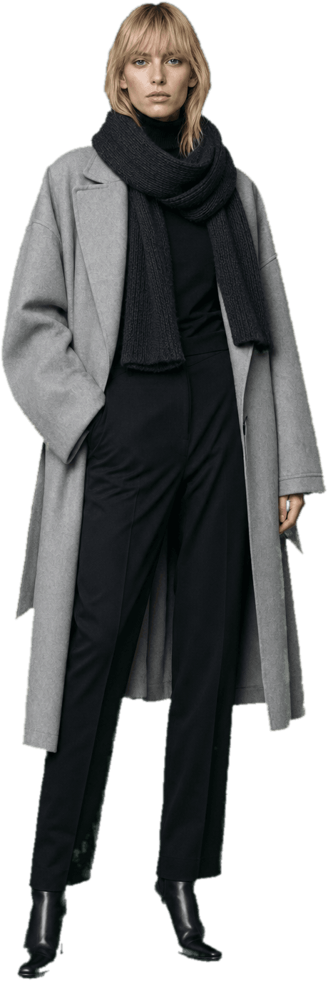 An oversized dove-grey wool coat with dropped shoulders, worn over a black roll-neck and straight black trousers, with a chunky knitted scarf looped high at the neck and black leather boots