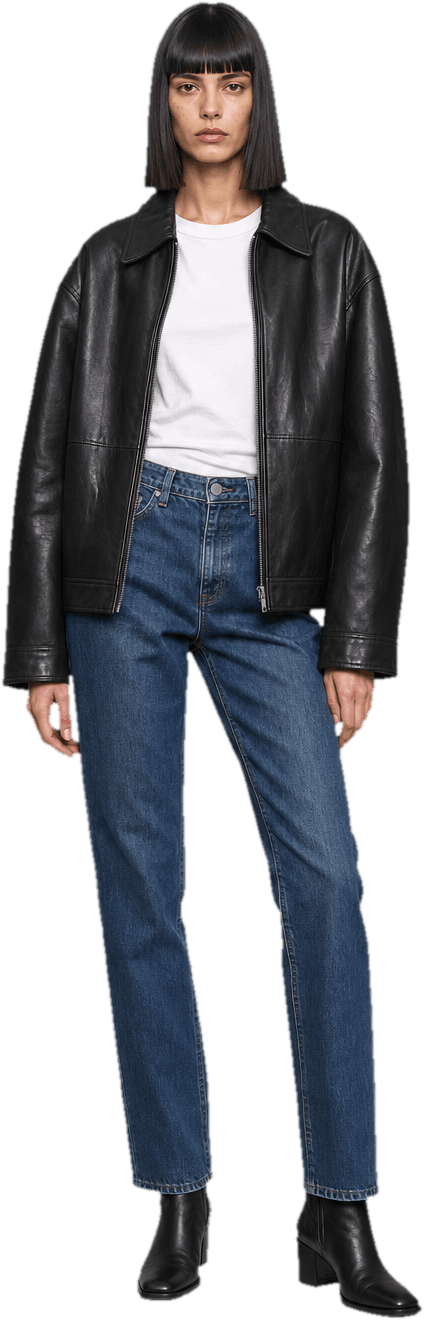 A heavy black boxy leather jacket over a plain white tee and straight raw-denim jeans, with black leather boots