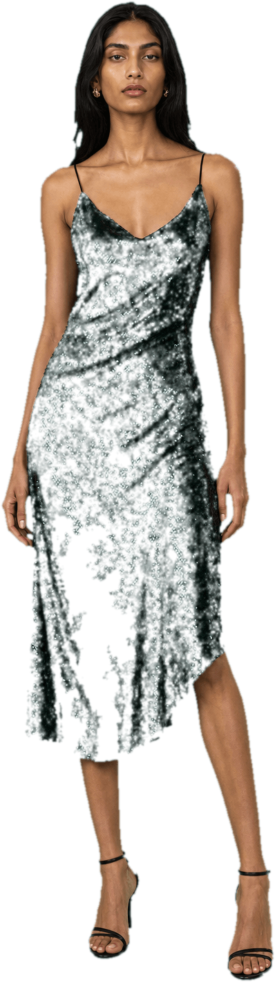 An emerald sequinned slip dress cut on the bias that throws the light, with fine strappy black heels