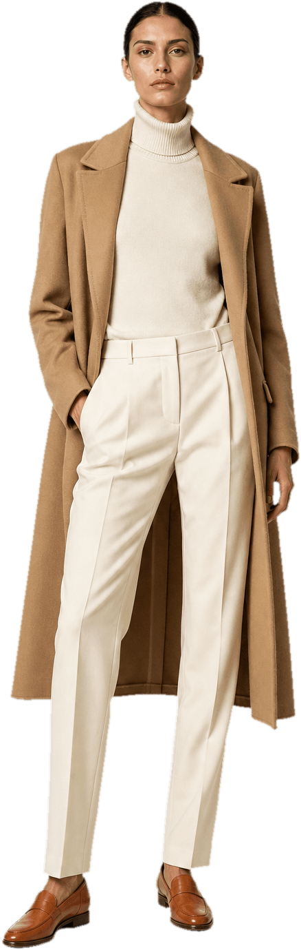 A beautifully cut camel wool overcoat worn open over a cream cashmere turtleneck and tailored ivory trousers, with tan leather loafers