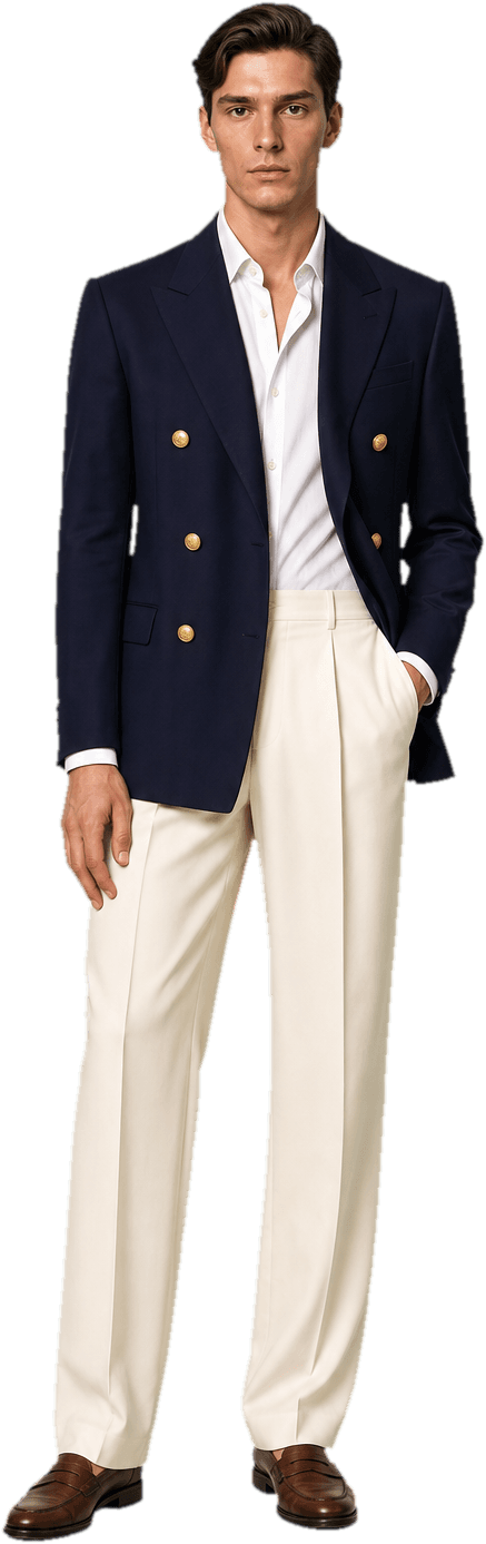 A navy double-breasted blazer with gold buttons over a white shirt, with cream wide-leg trousers and brown leather loafers
