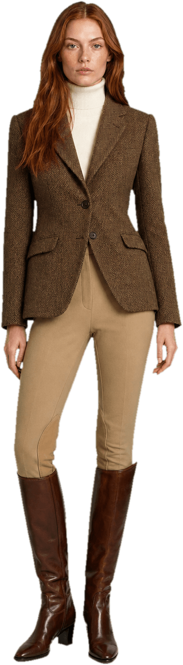 A brown herringbone tweed hacking jacket over a cream roll-neck, slim fawn jodhpur trousers and tall polished brown riding boots