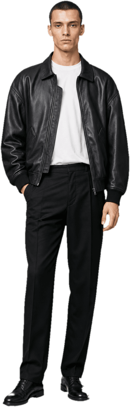 An oversized black leather bomber jacket worn open over a plain white tee, with sharply tailored black wool trousers and black leather derby shoes