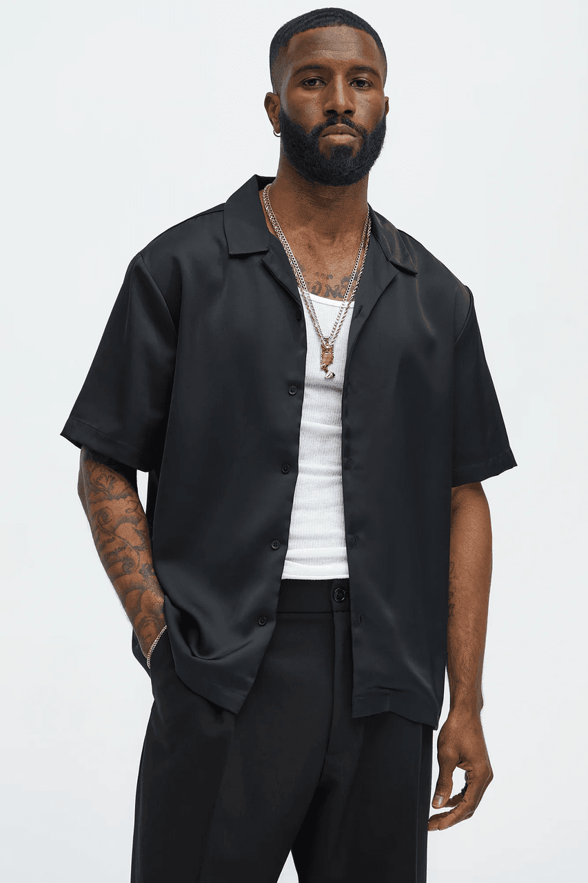 Links Satin Short Sleeve Button Up Shirt by Fashion Nova Men
