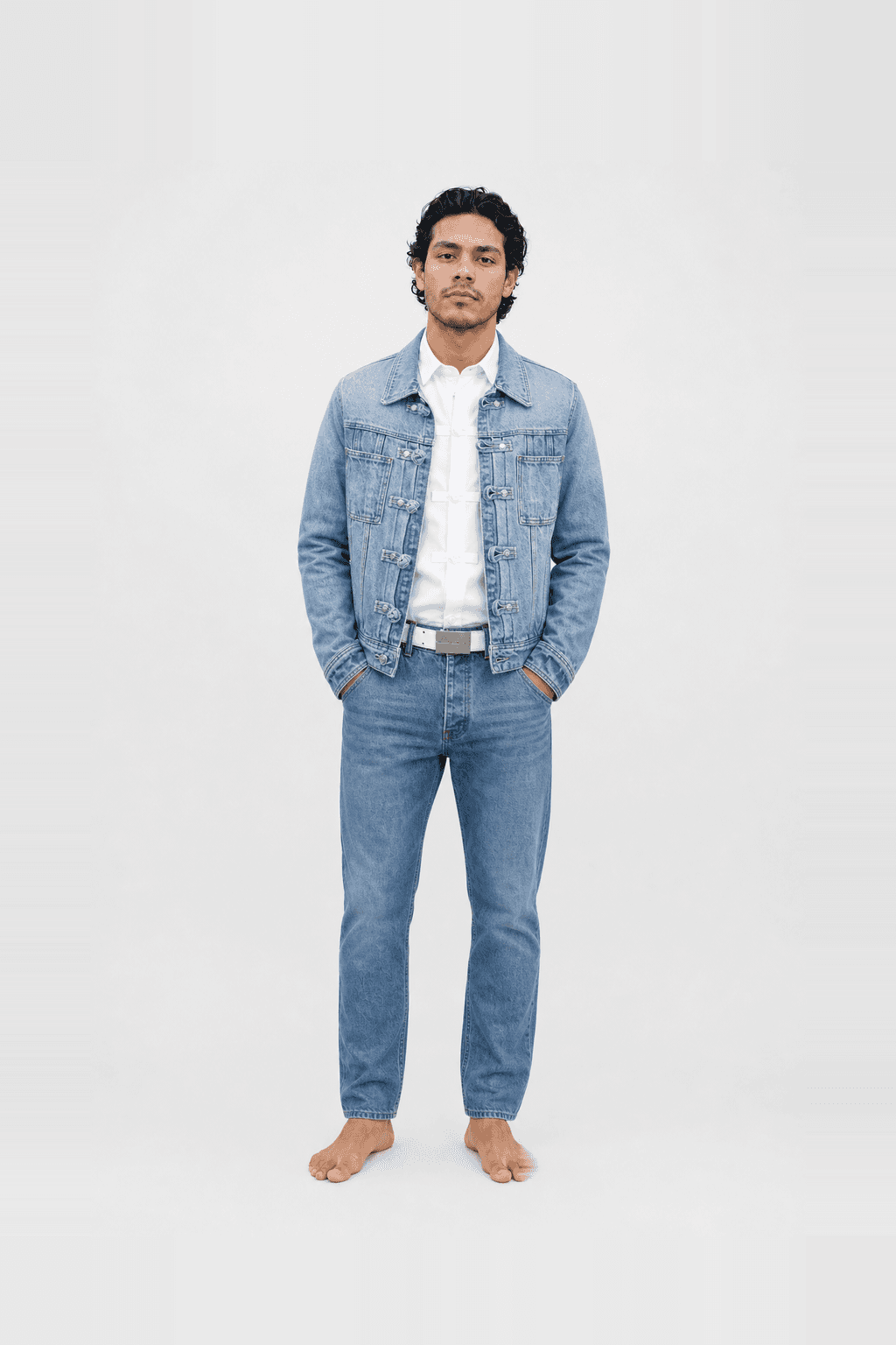 Pieces Uniques Ashen Sky Denim Jacket by The Frankie Shop, worn by @julianreyes — a photoreal AI try-on generated on their own photo with Utopia